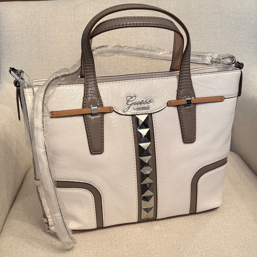 Guess “Gladis” Cream and Brown Studded Satchel